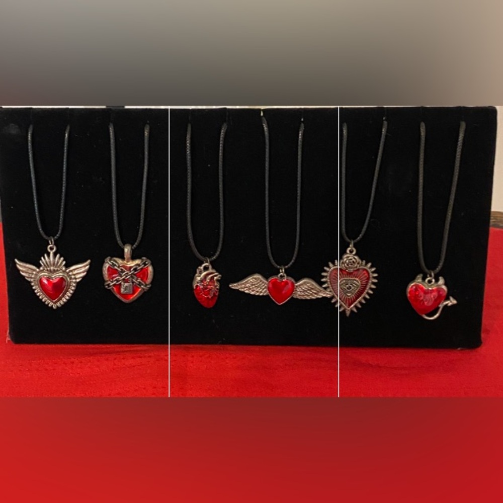 Set of  SIX (6) Goth, punk , Red Heart Necklaces